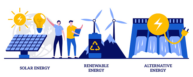 Solar energy, renewable energy, alternative energy concept with tiny people. Eco friendly innovations, sustainable technology, solar panels and wind turbines use abstract vector illustration set.